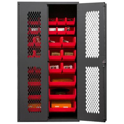 Durham Mfg 36  x 24  x 72  Storage Cabinet with Ventilated Doors and 30 Red Bins EMDC-362472-30B-1795