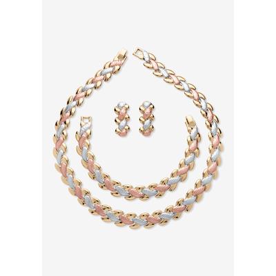 Plus Size Women's Tri Tone Goldtone Rosetone Silvertone Interlocking Link Necklace, Bracelet And Earring Set, 17 Inche by PalmBeach Jewelry in Gold