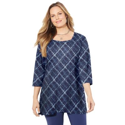 Plus Size Women's Easy Fit Squareneck Tee by Catherines in Navy Bias Plaid (Size 5X)