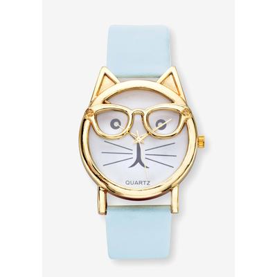 Women's Gold Tone Bowtie Cat Watch with Adjustable Light Blue Strap, 8