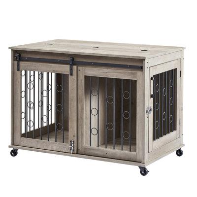 Tucker Murphy Pet™ Bryndon 40" Furniture Style Wood Dog Crate Dog Cage Barn Door Heavy Duty w/Wheels in Gray | 27 H x 39.4 W x 25.2 D in | Wayfair