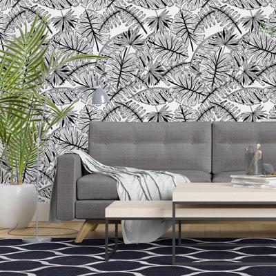 Bay Isle Home™ Provencher Tropical Leaves 8.5' L X 24" W Smooth Peel & Stick Wallpaper Roll Vinyl, Latex in Black/Gray/White | 24 W in | Wayfair