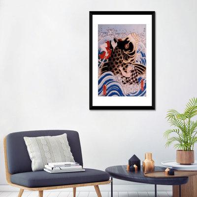 World Menagerie Japanese Samurai Wrestling Giant Koi Carp Woodblock - Wrapped Canvas Graphic Art Print Metal in Black/Blue | 32 H x 24 W in | Wayfair