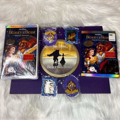 Disney Media | Disney Beauty And The Beast Special Edition Dvd/Vhs,Litograph & Pins Bundle | Color: Blue | Size: Os