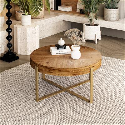 Millwood Pines Abbiss Floor Shelf Coffee Table Round Wood Coffee Table w/ Cross Metal Base Wood/Metal in Yellow/Brown | Wayfair