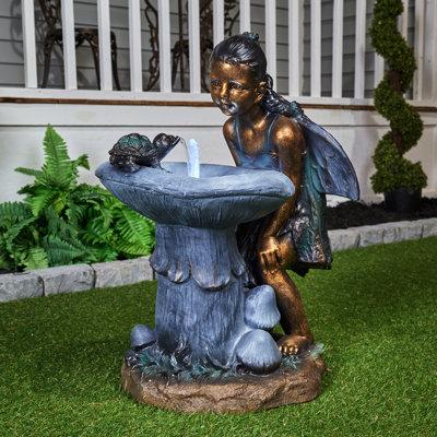 Hi-Line Gift Ltd. Girl Playing By Water Fountain w/ White LED | 26.6 H x 14.2 W x 20 D in | Wayfair 79491-H