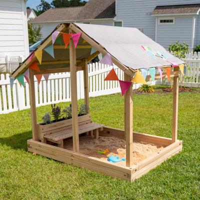 Funphix Dig n Play Wooden Sandbox Playhouse w/ Bench & Flower Planter, Outdoor Sand Pit for Wood/Solid Wood in Brown | 45 H x 76 W x 80 D in | Wayfair