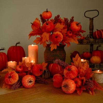 The Holiday Aisle® 4PCS Maple Leaves Bunch w/ Pumpkin Autumn Floral Stems For DIY Arrangement Fall Decor Fall Decorations For Home | Wayfair