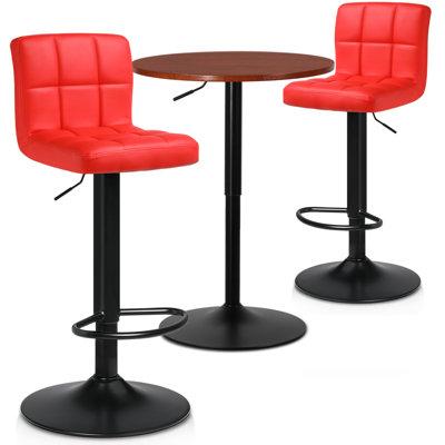 Ebern Designs Bar Dining & 2 Piece Chair Set, Round Adjustable Height Table & PU Leather Bar Stools Wood/Upholste/Metal in Red | Wayfair