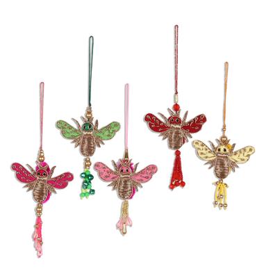 Colorful Bees,'Assorted Beaded Bee Ornaments from India (Set of 5)'