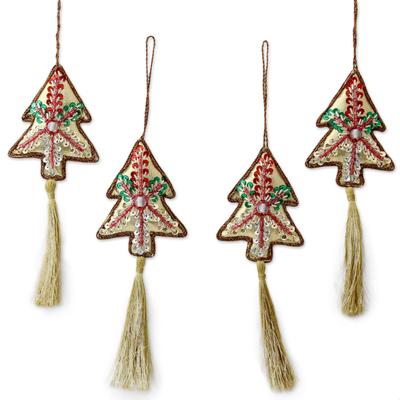Silver Pine,'Handcrafted Silvery Christmas Tree Beaded Ornaments Set of 4'