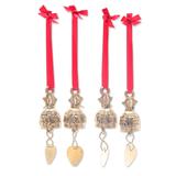 Elephant Choir,'Set of 4 Brass Bell Ornaments with Elephants and Red Ribbons'