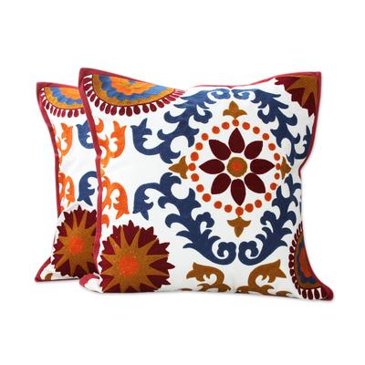 Embroidered cushion covers, 'Floral Jazz' (pair)