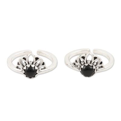 Black Tiara,'Hand Crafted Sterling Silver and Onyx Toe Rings (Pair)'