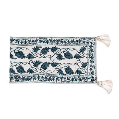 Kashmir Leaves in Aqua,'Chain Stitched Cotton Table Runner with Leaf Motif'