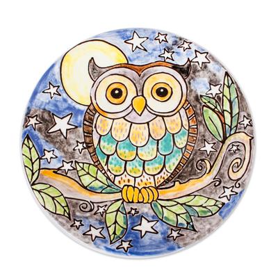 Whimsical Owl,'Owl Under Night Sky Colorful Ceramic Decorative Plate'