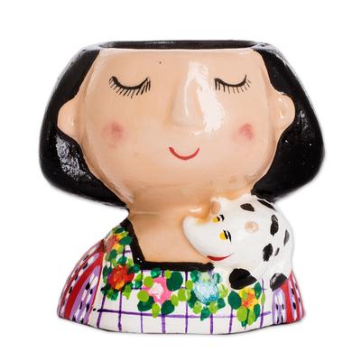 'Guatemalan Handpainted Woman-shaped Mini Ceramic Flower Pot'
