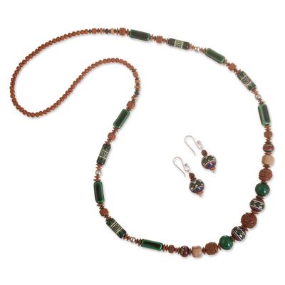 Green Mountains,'Ceramic Beaded Necklace and Earring Set in Earth Colors'