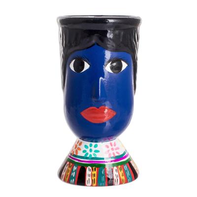 St. Anthony,'Blue Hand-Painted Double Face Ceramic Flower Pot'