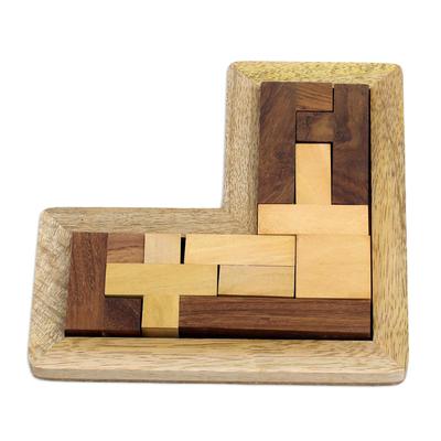 Angled Challenge,'L-Shaped Acacia and Haldu Wood Puzzle from India'