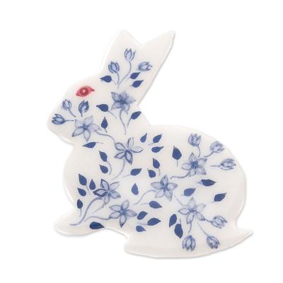 Blue and White Floral Rabbit,'Bunny Rabbit Brooch Pin with Hand Painted Flowers'