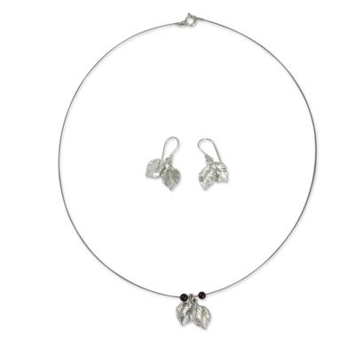 Garnet and sterling silver jewelry set, 'Leaf Impressions'