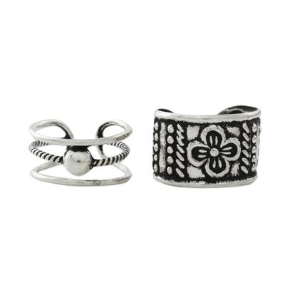 Cool Charm,'Floral and Rope Motif Sterling Silver Ear Cuffs'