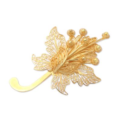 Hibiscus Glow,'Gold-Plated Sterling Silver Flower Brooch'