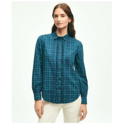 Brooks Brothers Women's Cotton Plaid Ruffled Shirt | Blue | Size 0