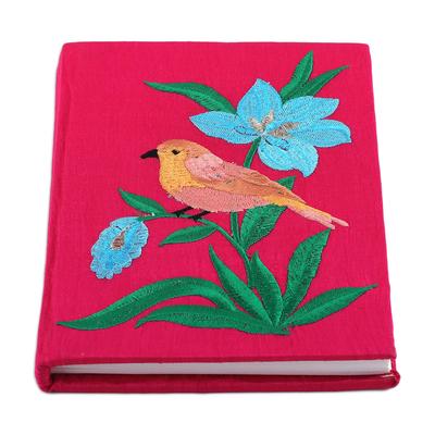 'Nature-Themed Cerise Rayon-Embroidered Journal from India'