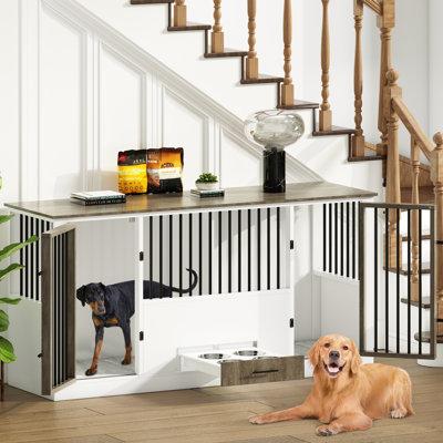 Tucker Murphy Pet™ Dog Crate Furniture w/ 4 Stainless Steel Bowls, Wood Dog Crate End Table w/ Tray & Cushion, Double Dog Crate For 2 Dogs | Wayfair