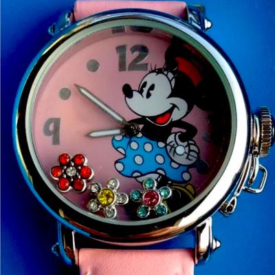Disney Accessories | Disney Store Minnie Mouse Cartoon Watch Pink Flower Gem Floats Wristwatch Ladies | Color: Pink | Size: Os