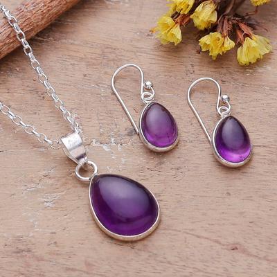 Blissful Amethyst,\'Amethyst Cabochon Pendant Necklace and Earrings Jewelry Set\'