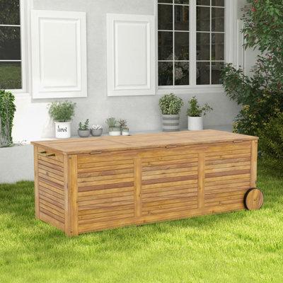 ONFRJFVR 48 Gallons Water Resistant Acacia Solid Wood Storage Bench w/ Wheels in Wood/Solid Wood in Brown | 18 H x 50 W x 20 D in | Wayfair