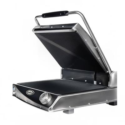 Cadco CPG-BBQ Single Commercial Panini Press w/ Glass Ceramic Grooved Plates, 208-240v, Stainless Steel