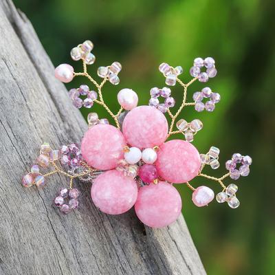 'Flower-Shaped Pink Cultured Pearl and Quartz Brooch Pin'
