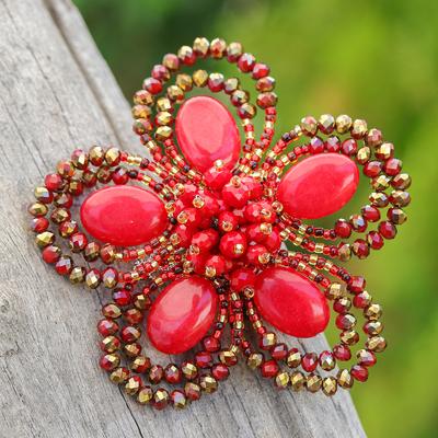 Spring in Love,'Handcrafted Floral Red Quartz and Glass Beaded Brooch Pin'