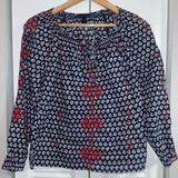 J. Crew Tops | J Crew Women’s Embroidered Tie-Neck Top In Printed Indian Voile, Sz 4 | Color: Blue/Red | Size: 4