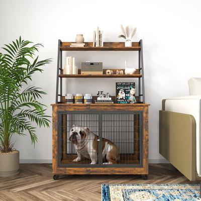 Tucker Murphy Pet™ Furniture Style Dog Crate Side Table w/Shelves, Double Doors Dog Cage Kennel 38"W x 27.4"D x 60"H Wood in Brown | Wayfair