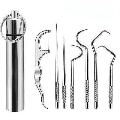 7-piece Professional Dental Cleaning Kit: Reusable Stainless Steel Toothpicks & Portable Floss For Optimal Teeth Cleaning