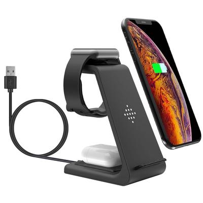 Fresh Fab Finds 15W 3-In-1 Wireless Charger Dock: Fast Charging Station For iPhone 13/12/11/XS, Apple Watch Series 7/6/5/4/3/2/1, AirPods 2 & Pro - Black