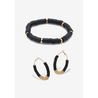 Women's Black Disc Beaded Goldtone Hoop Earrings And Stackable Stretch Bracelet Set by PalmBeach Jewelry in Black Gold