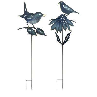 Iron Metal Cut Out Bird And Flower Garden Stake (Set Of 2) by Melrose in Blue
