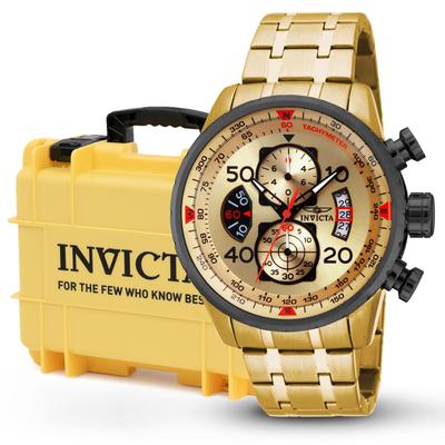 Invicta Aviator Gold Men's Watch Bundle - 48mm Gold with Invicta 8-Slot Dive Impact Watch Case Light Yellow (B-17205-DC8-LTYEL)