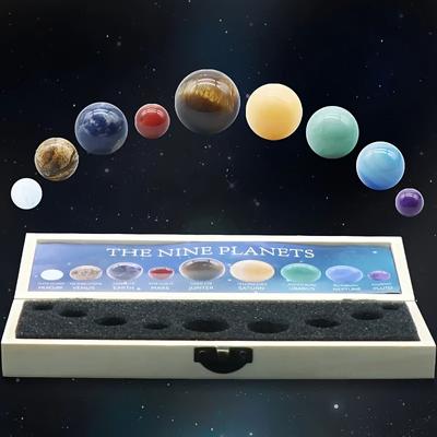1set 9 Natural Crystal Gemstones, Mineral Stone Specimens, 9 Planets Of The Solar System, Round Ball Desktop Planet Ornaments, Room Decor, Home Decor, Makes A Great Gift For And Family