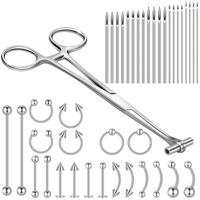 41 Pieces Body Piercing Tool Kit Include Septum Forceps Clamp Pliers 20 Pcs 316l Stainless Steel Piercing Needles And 20 Pcs Nose Ring Hoop Jewelry For Ear Lip Belly Navel Tongue